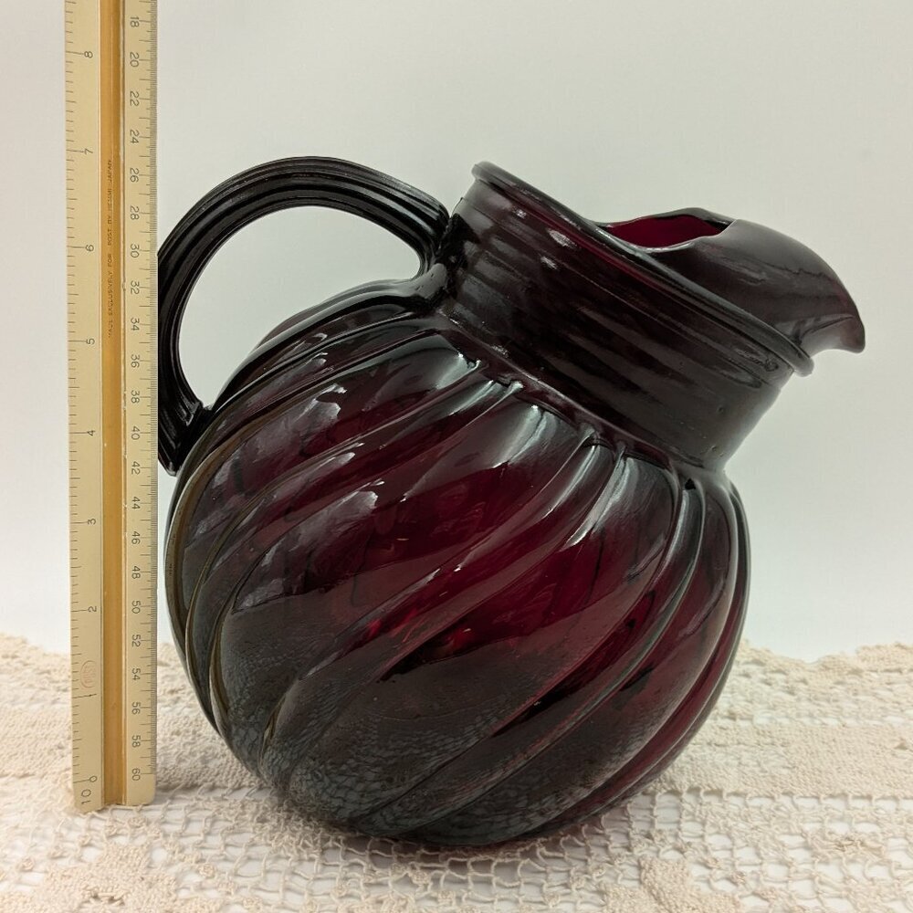 Vintage Anchor Hocking "Royal Ruby"  Red Tilt Ball Swirl Pitcher - 64 fl. oz. - Picture 7 of 7
